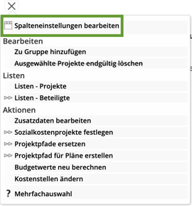 Spalteneinstellungen Auswahl