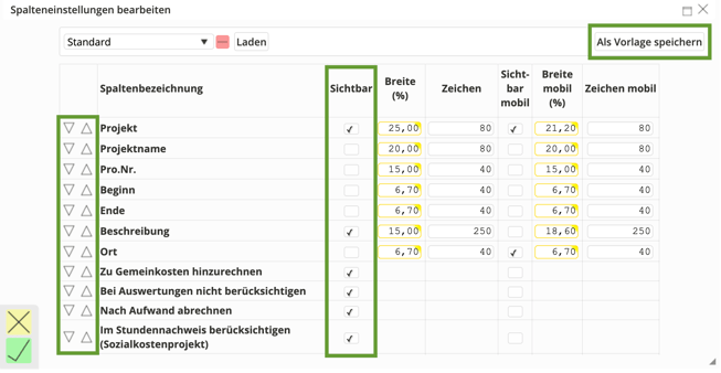 Spalteneinstellungen